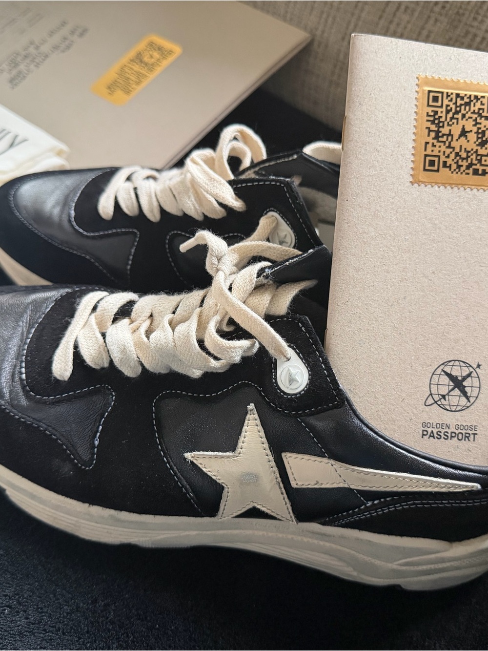 Golden Goose Black Suede & Leather Sneakers with White Star and Cream Laces
